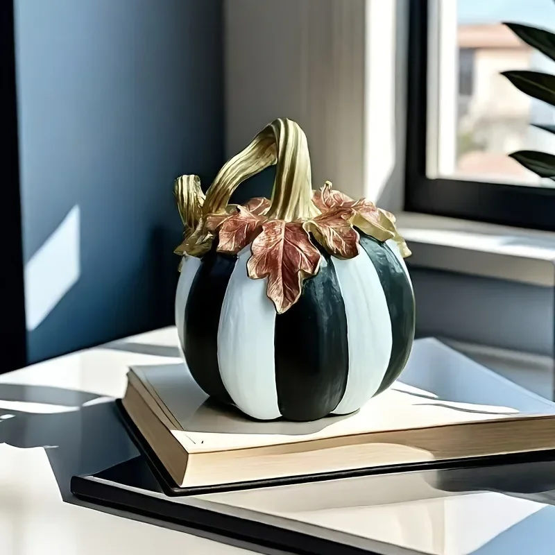 Resin Pumpkin Figurine Hand Painted Black White Striped Halloween Figurines Tabletop Ornament Art Craft Party Decoration Gift