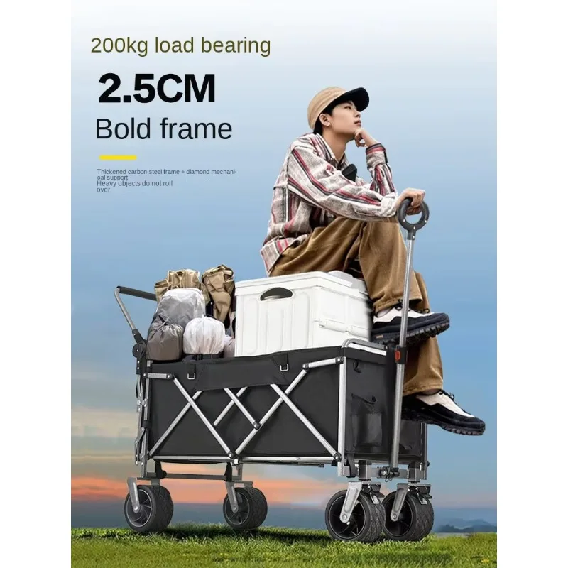 Wilderness Camping Cart Push-pull One-piece Outdoor Picnic Stall Foldable 600D Oxford Cloth Universal Wheels Longer Black/Silver