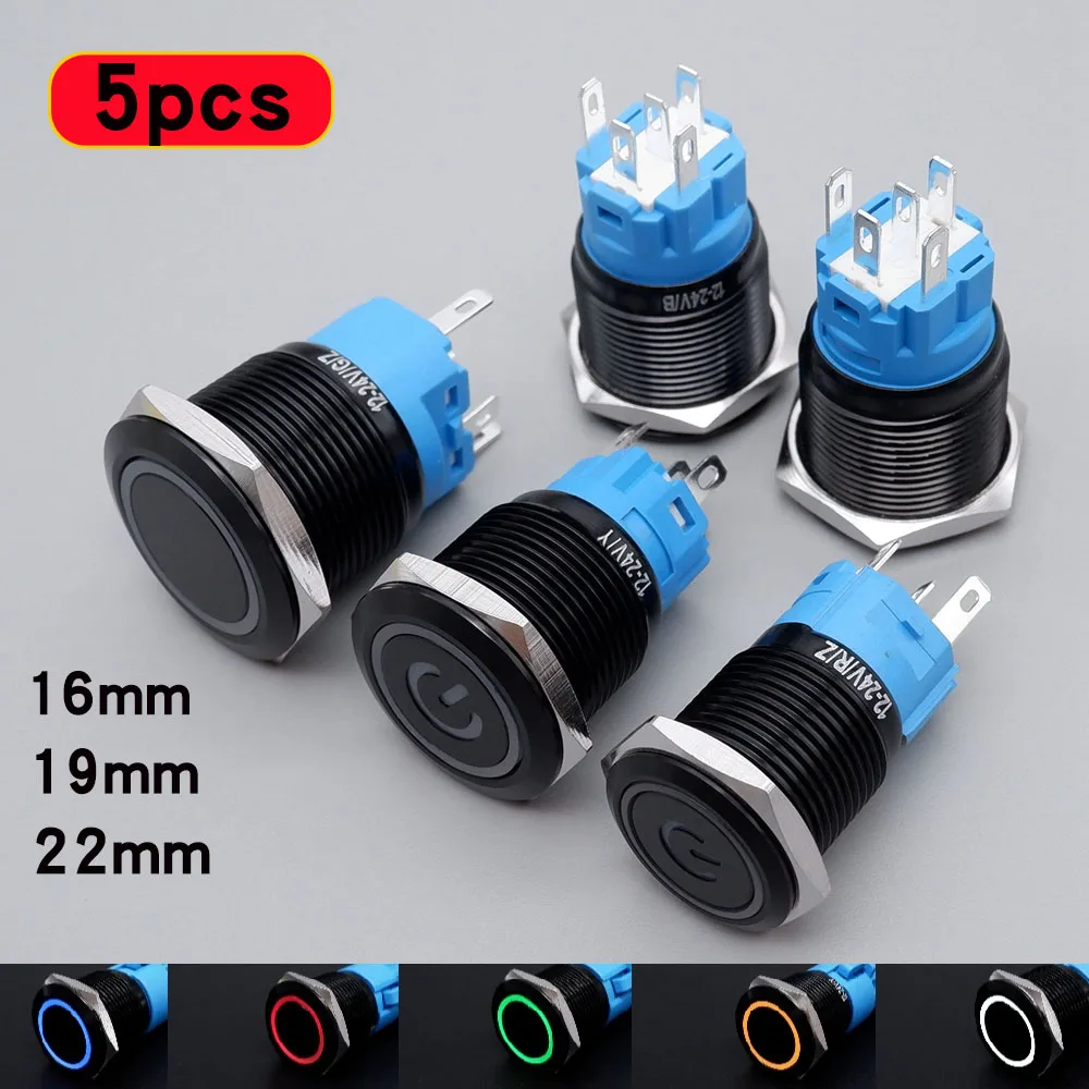 

5PCS LED Light Black Metal Push Button Switch 16mm/19mm/22mm Momentary Latching Waterproof Car Engine Power Switch 12V 5V 220V