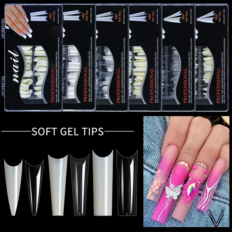 

400/500pcs Transparent Stiletto Coffin Square Fake Nail Tips Press on Nails Full Cover Long Shape Manicure Salon Extension Use