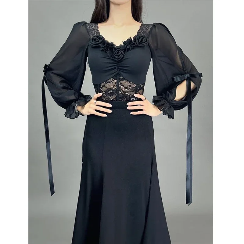 White Black Tops Skirt Adult Standard Competition Dress Ballroom Dance Dress Women Waltz Dance Performance Costume Lace