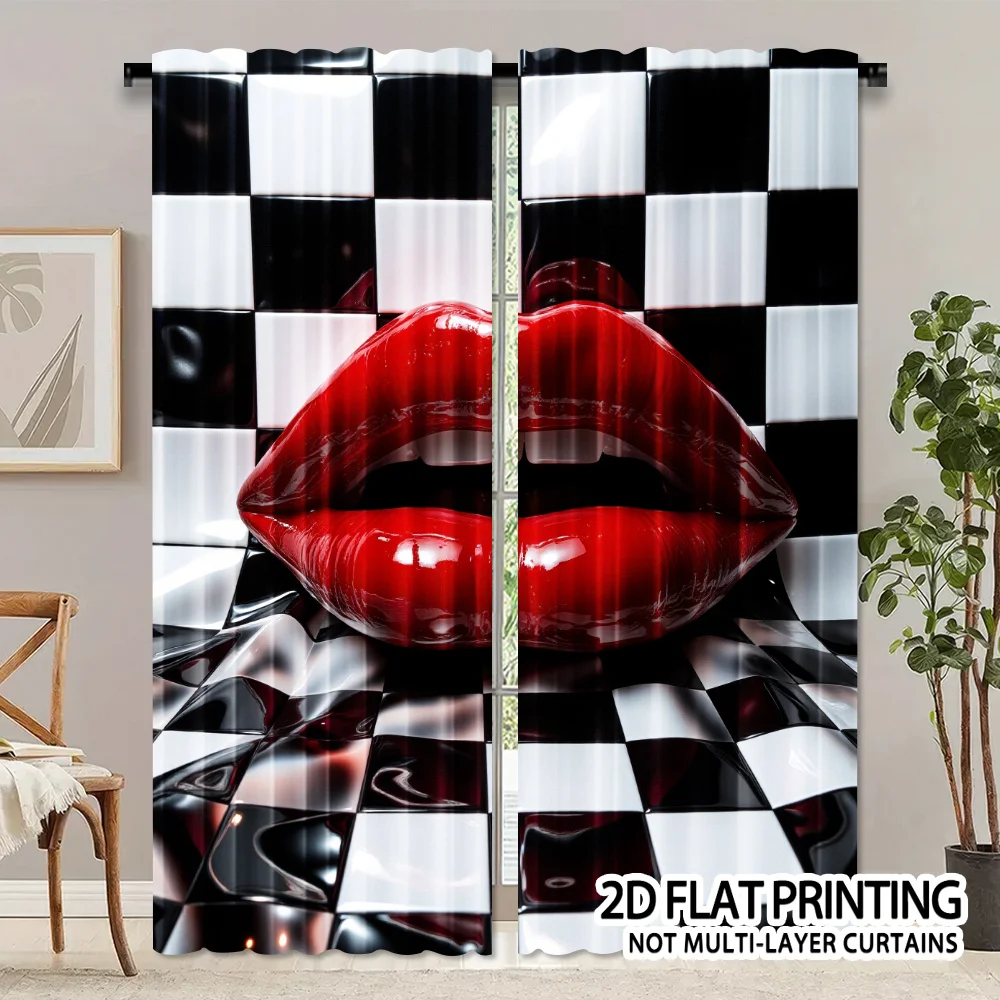 Red Lips Curtains, Black White Checkered Print Drapes, Sexy Fashion Window Treatment for Living Room Bedroom Home Decor