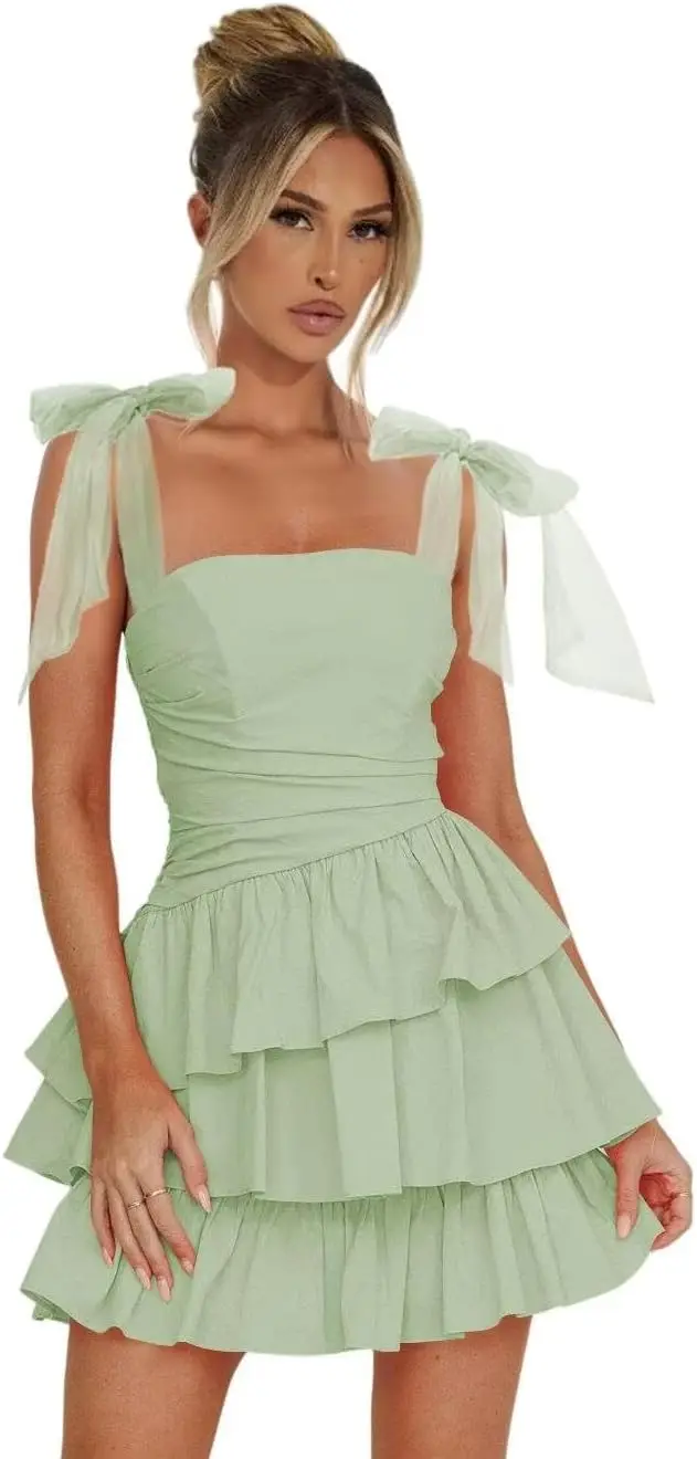 Above Knee ， Mini Chiffon Spaghetti Strap Tiered Homecoming Dresses 2025 Short Square Neck Cocktail Pary Dress with Bow DE476