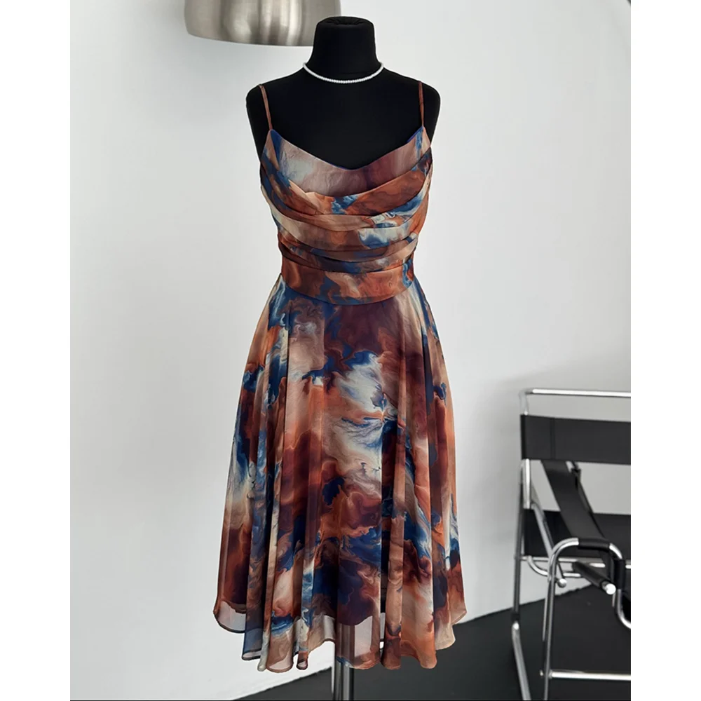 Summer Women Dress Ombre Print Spaghetti Strap Cowl Neck Dress Casual A Line Sheer Mesh Dress for Party Evening Vestidos