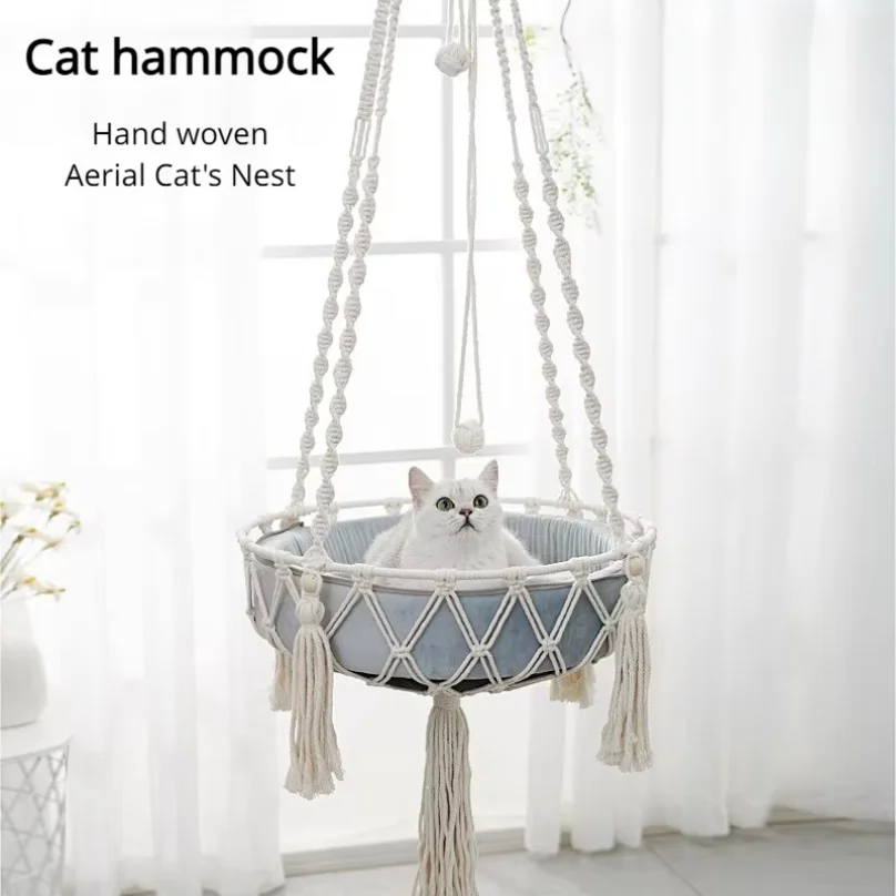 Pet Hammock Cat Swing Hand Woven Cotton Rope Cats Hanging Basket  Kitten Hanging String Den Indoor Pend Nest Pet Supplies