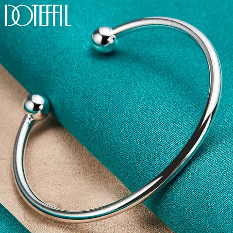 DOTEFFIL 925 스털링 실버 4mm 부드러운 솔리드 비드 팔찌 커프스 단추 Bangles 여성용 남성 웨딩 약혼 파티 쥬얼리
