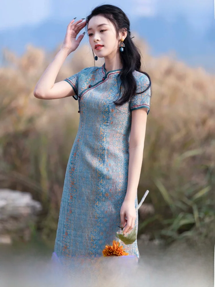 

Elegant Jiangnan Dress Women's Slim Fit Summer New Hemp Print Short Sleeve Low Slit Daily Wear Floral Pattern