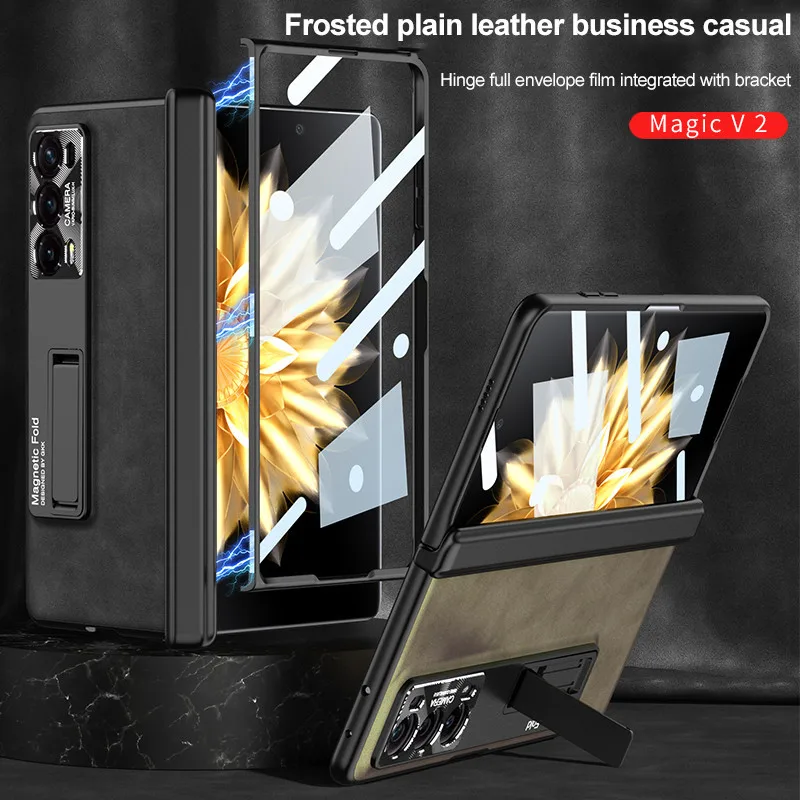 Magnetic Hinge Protection Frosted Leather Phone Case For Honor Magic V2 With Kickstand Glass Film Screen Protector