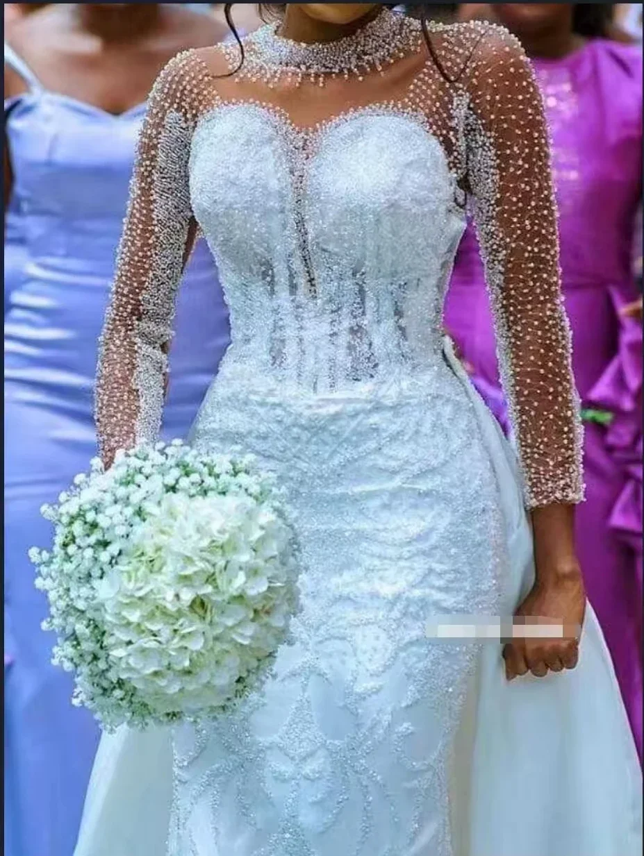 Customized African High Neck Fish Tail Wedding Gown Detachable Train Luxury Long Sleeves Beaded Mermaid Wedding Dress