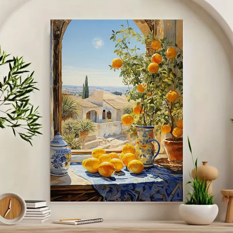 Multiple sizes 1pc frameless Canvas Painting,Mediterranean Window View with Oranges Painting Poster and Prints Canvas Painting W
