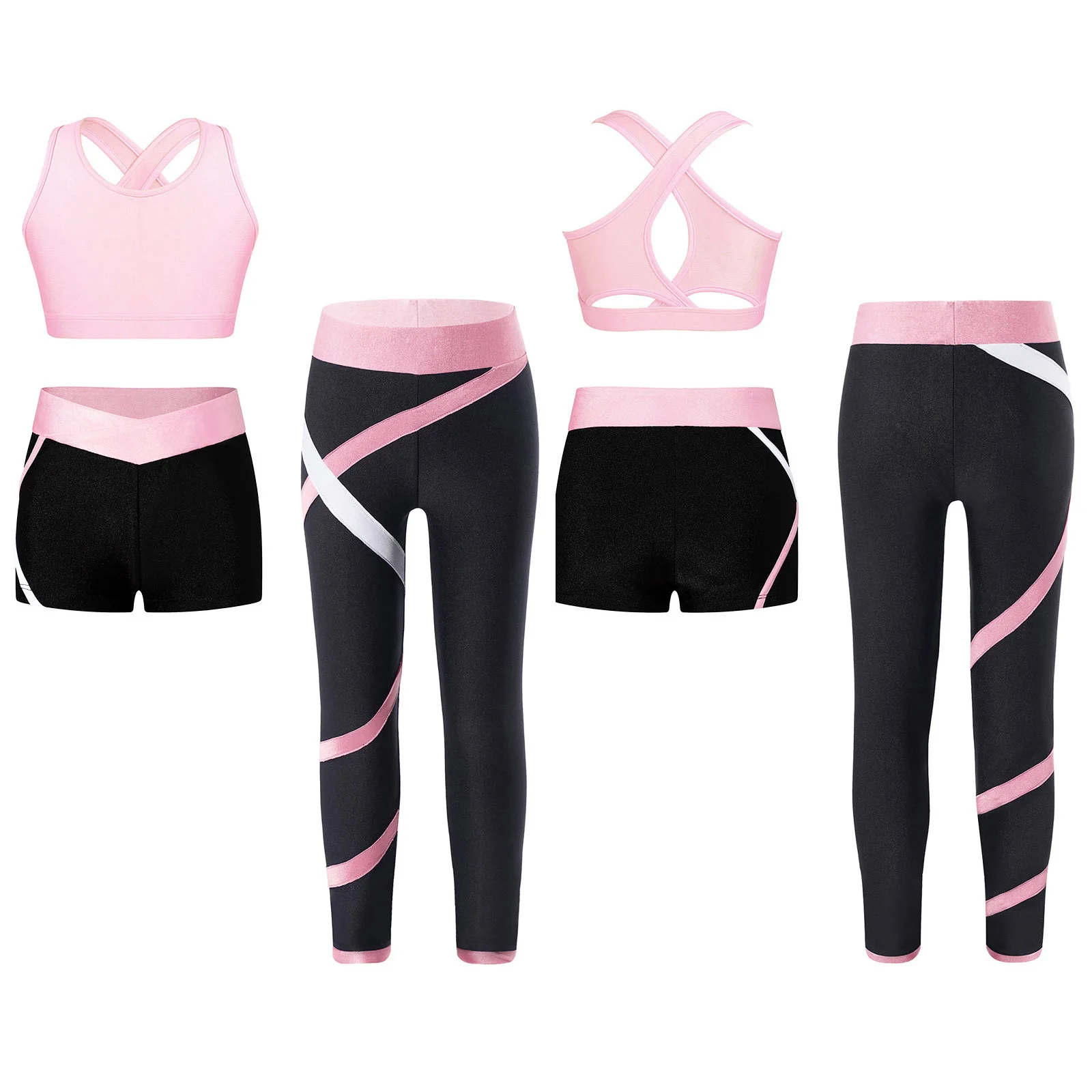 6-16 Kids Girls 3Pcs Sport Yoga Set Cross Back Keyhole Cropped Vest with Contrast Color Pants Shorts for Fitness Gym Jumpsuit