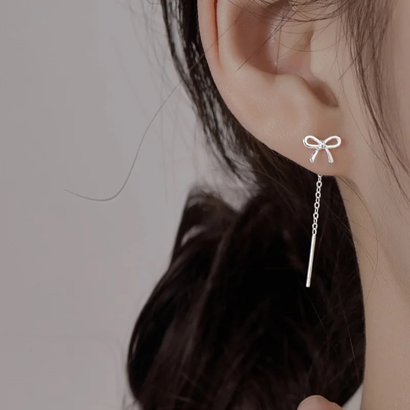 Korean Cute Bow Ear Wire 925 Silver Needle Tassel Earrings for Women Small Fresh Women Fashion Charm Jewelry Accessories Gift
