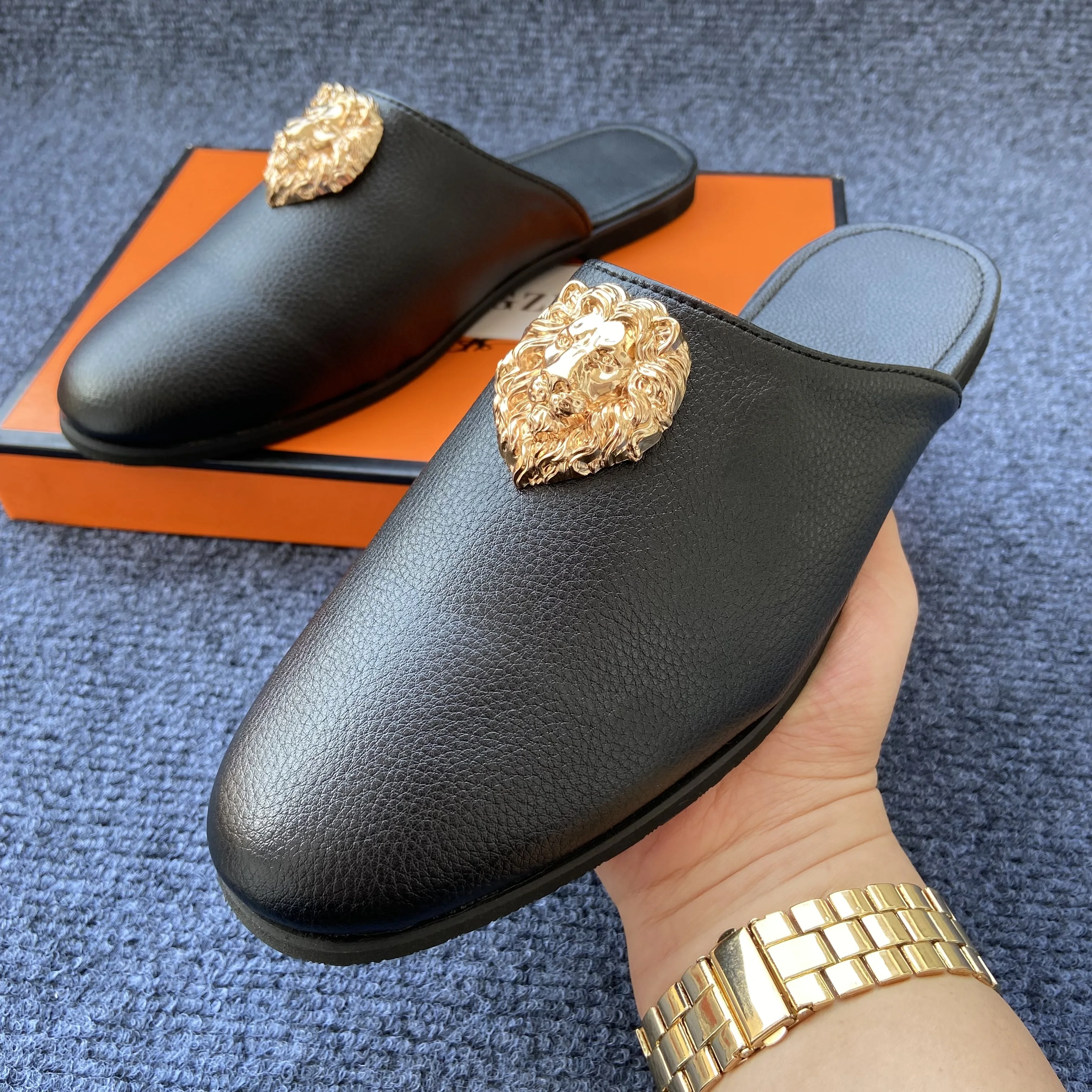 

luxury brand half cover shoes man loafers black white mules for man flat outdoor home slippers casual slides chinelos masculinos