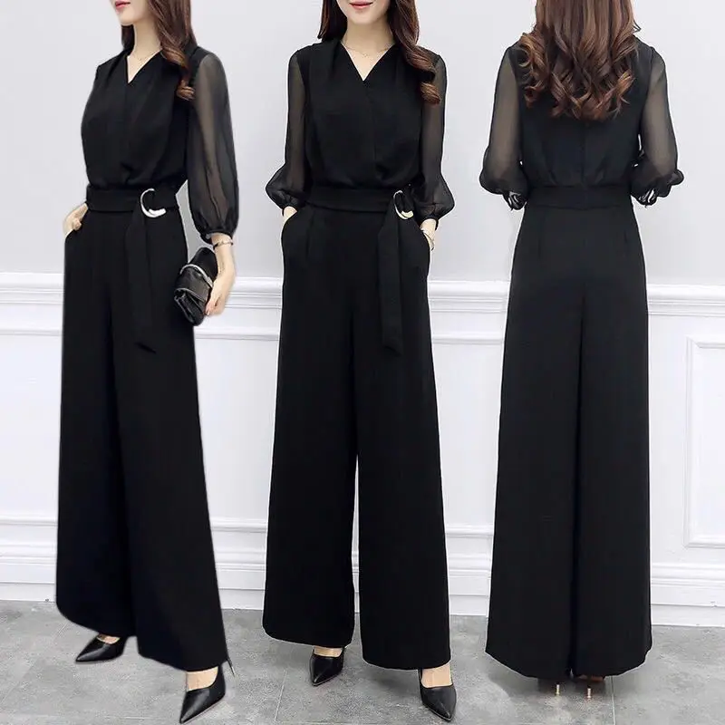 

2025 Spring Summer New High-waist Jumpsuit Black Quarter-sleeved Slim Temperament Wide-leg Jumpsuit Set for Women