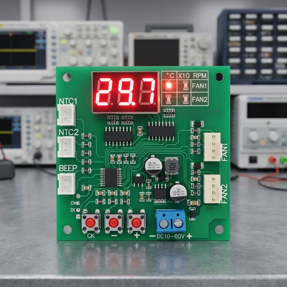 Temperature and RPM Control Board for 4-Wire For PWM Fans DC 8-60V Dual Channel Operation with Digital Readout Display
