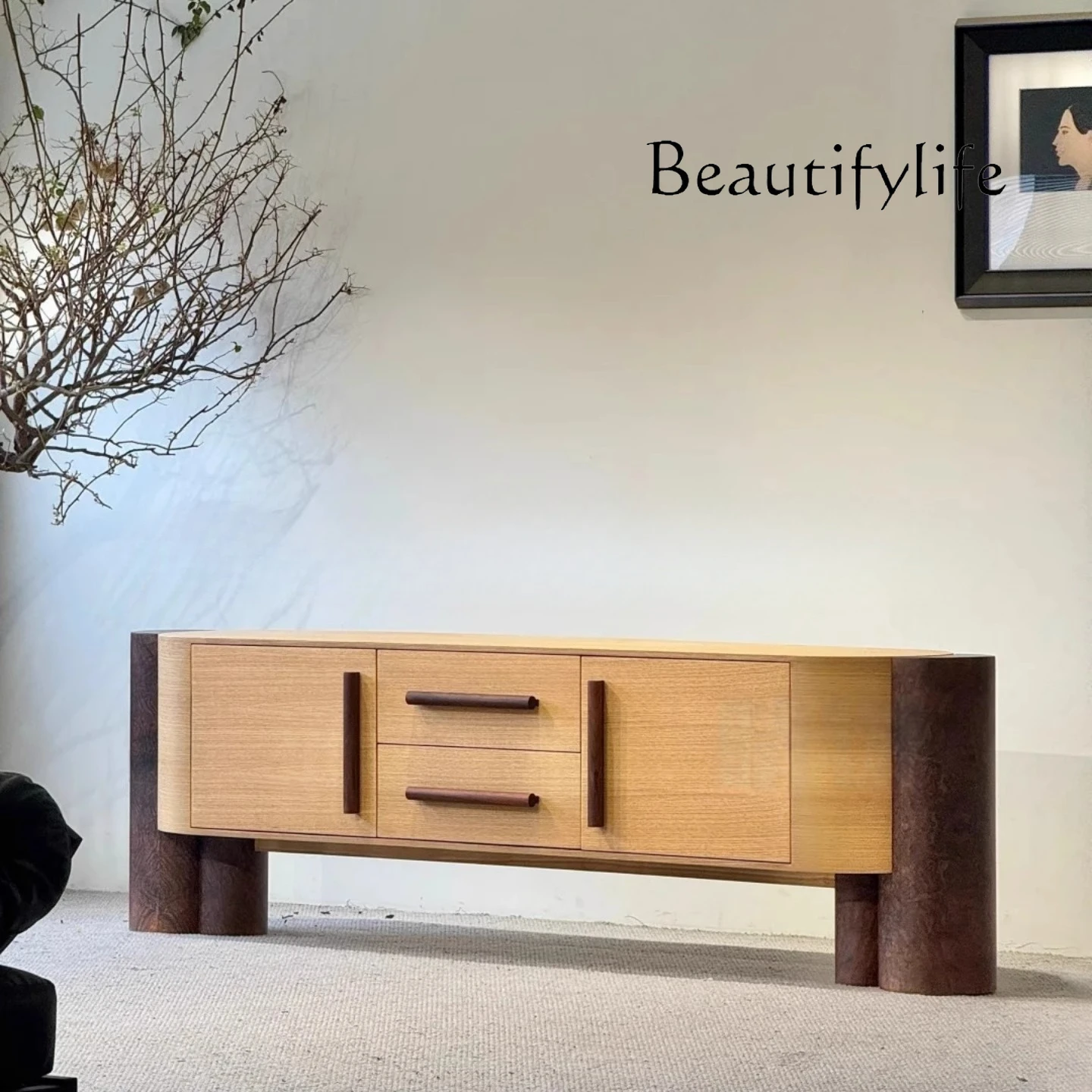 

Medieval solid wood dining side cabinet, living room creative retro tea cabinet, integrated entrance cabinet against the wall