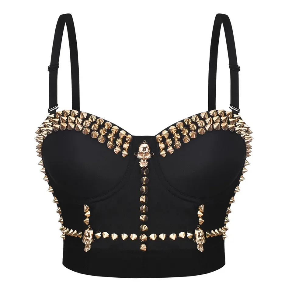 Gothic Rivet Corset Crop Tops Punk Rock Style Tank Tops Nightclub Party Steampunk Push Up Bustier Cropped Top