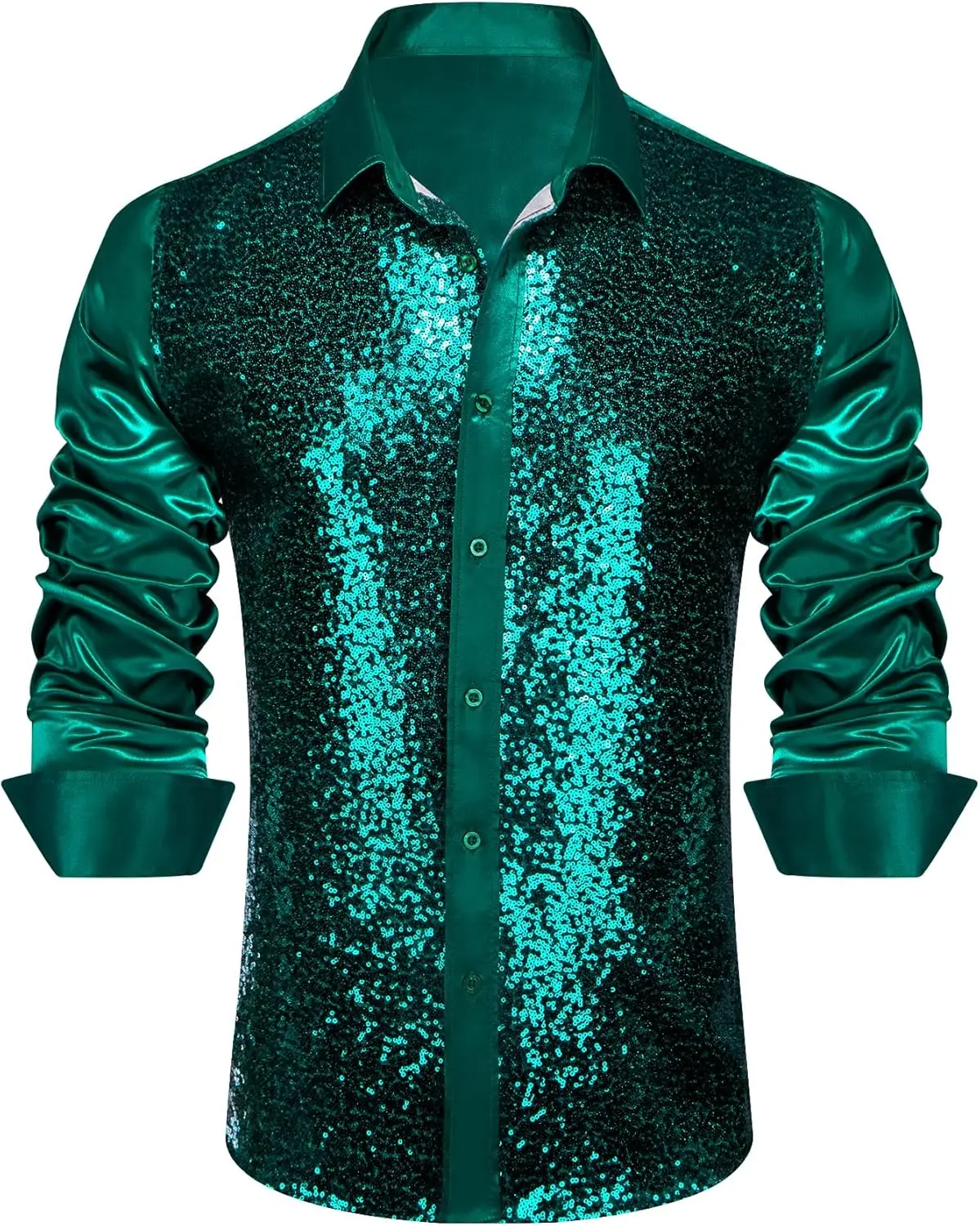 Mens Disco Shirt Sequins Satin Shiny Metallic Long Sleeve Button Down Shirts 70s Vintage Cocktail Nightclub Rock