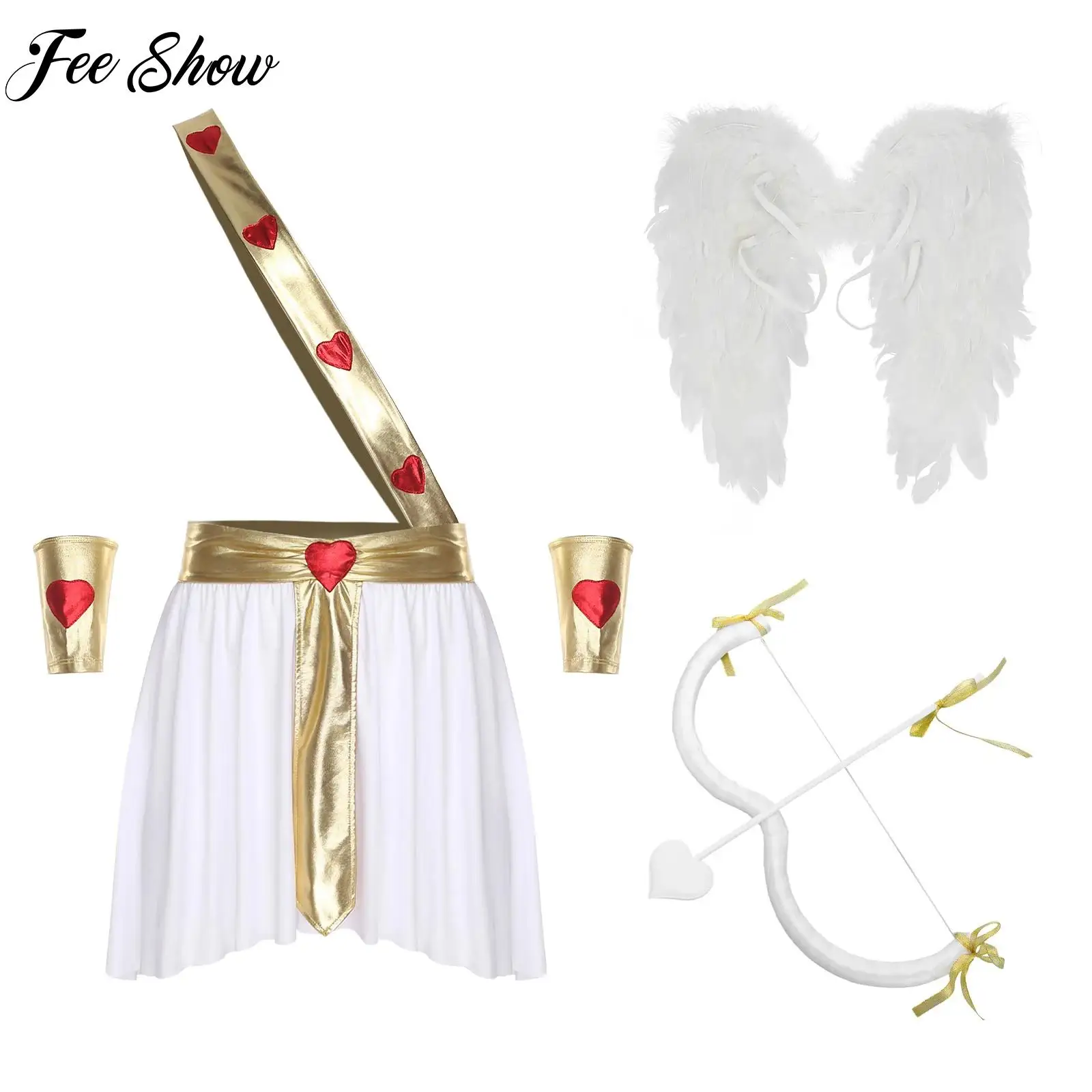 

Men's Valentine Cupid Cosplay Costumes Roman God of Love Dress Up Heart Pattern Skirts with Accessories for Halloween Carnival