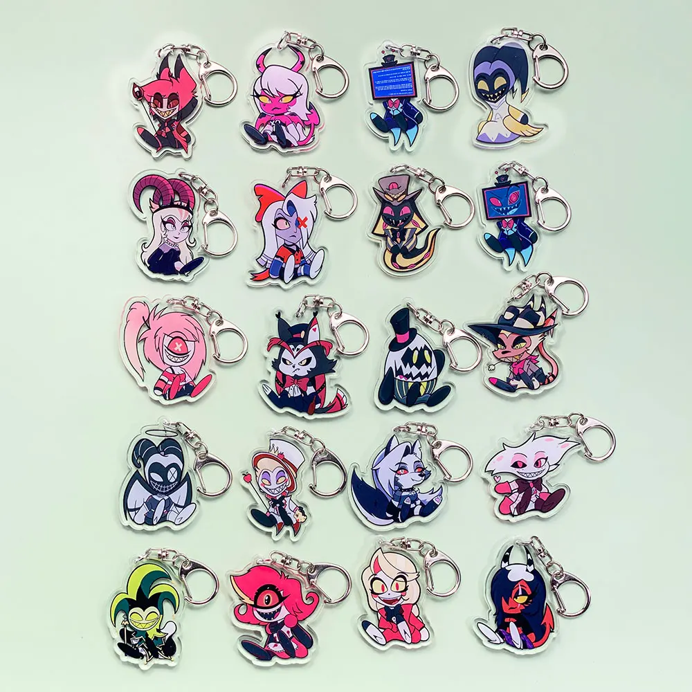 شخصيات كرتونية Hazbin فندق سلسلة مفاتيح سيارة من الأكريليك اكسسوارات حقيبة عصرية ساحرة على ظهره قلادة حلقة رئيسية هدايا للأصدقاء