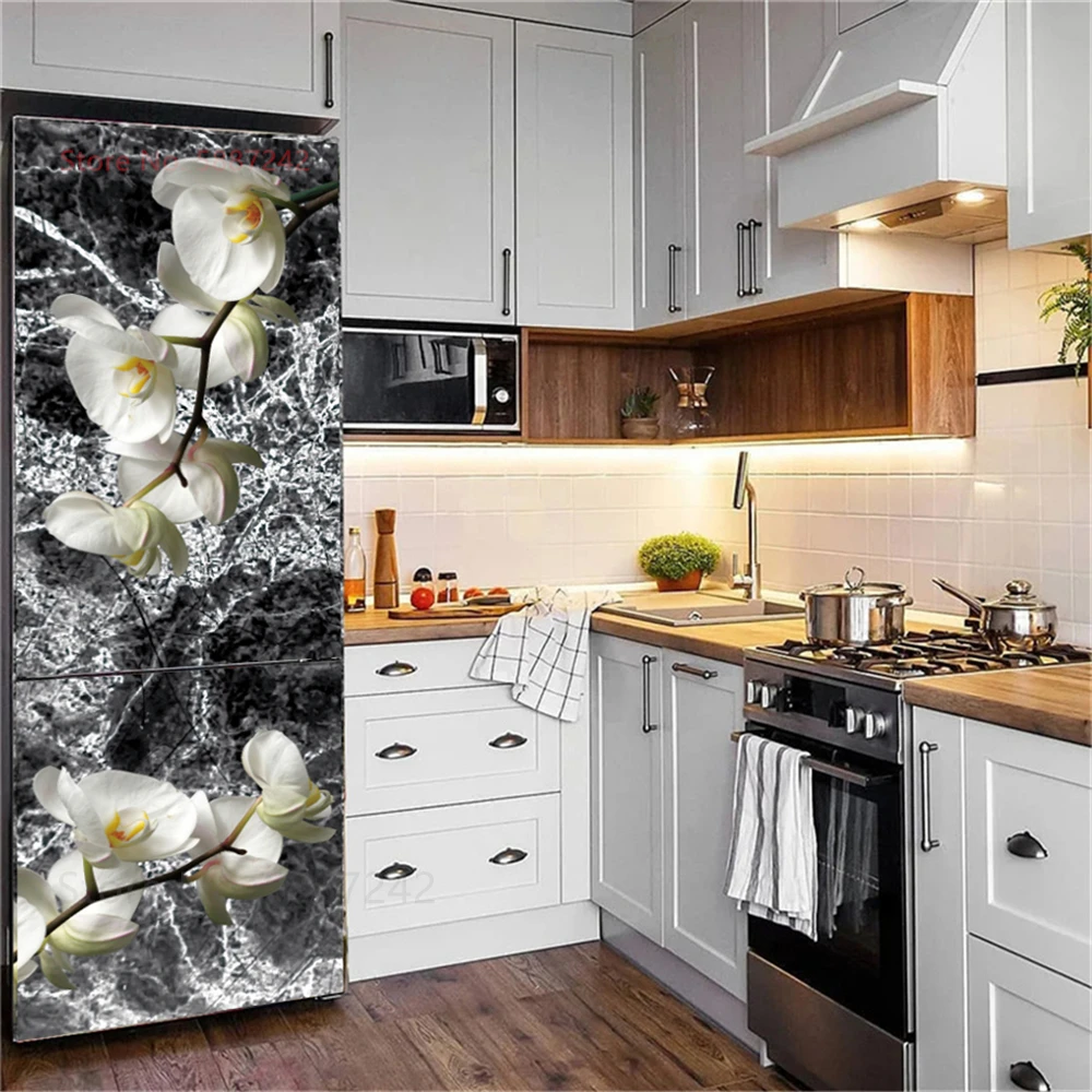 3D Marble Flower Fridge Stickers Door Cover Adhesive Refrigerator Wallpaper Vinyl Custom Freezer Film Decor Decal Mural Kitchen