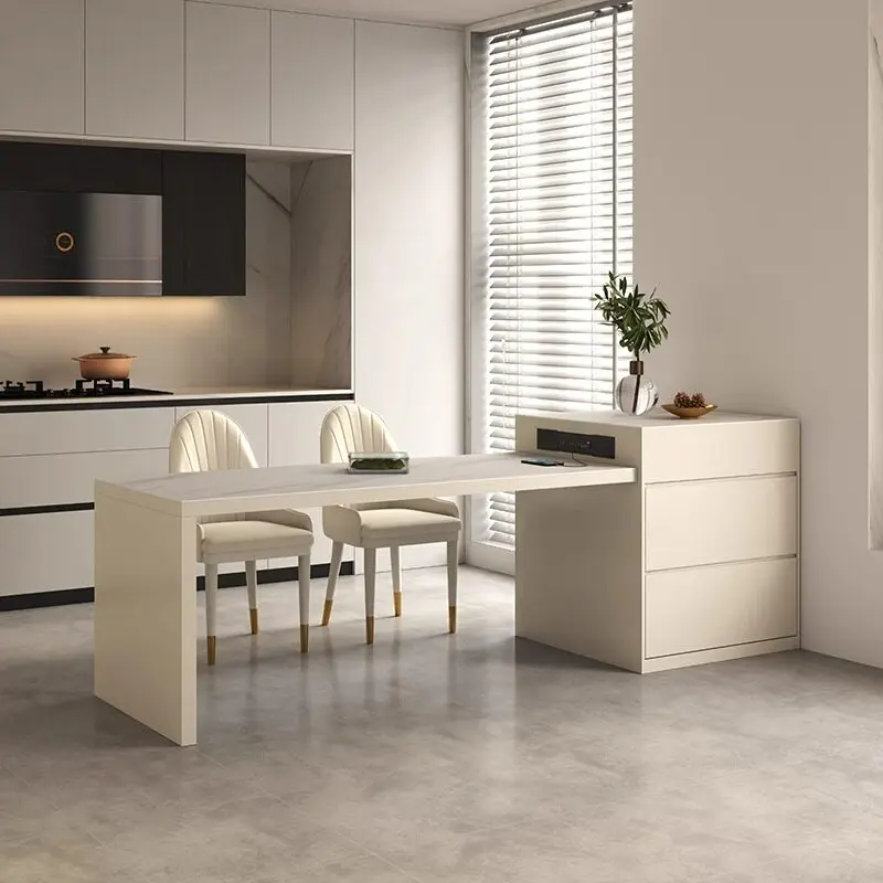 Cream wind retractable island dining table household small apartment light luxury rock slab modern solid wood island dining tabl