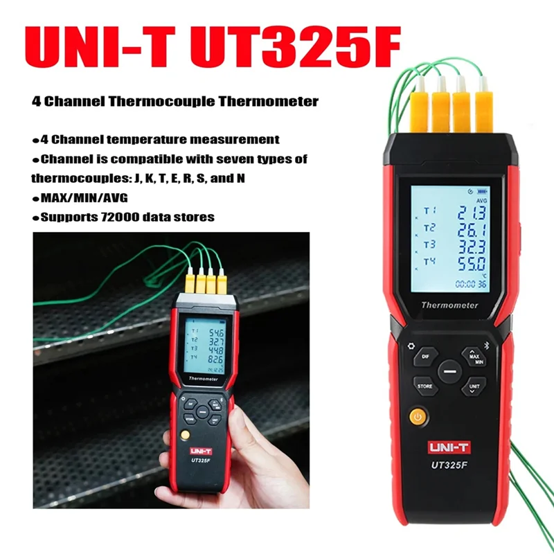 

UNI-T UT325F Четырехканальный термопарный термометр Многофункциональный контактный термометр Цифровой высокоточный термометр Прочный