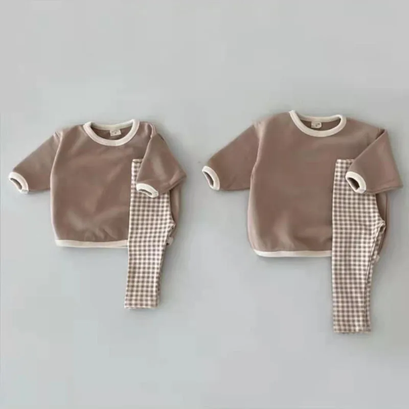 Toddler Long Sleeve Clothes Set Baby Boy Girls Cotton Casual Sweatshirt + Plaid Leggings 2pcs Set Solid Children Suit