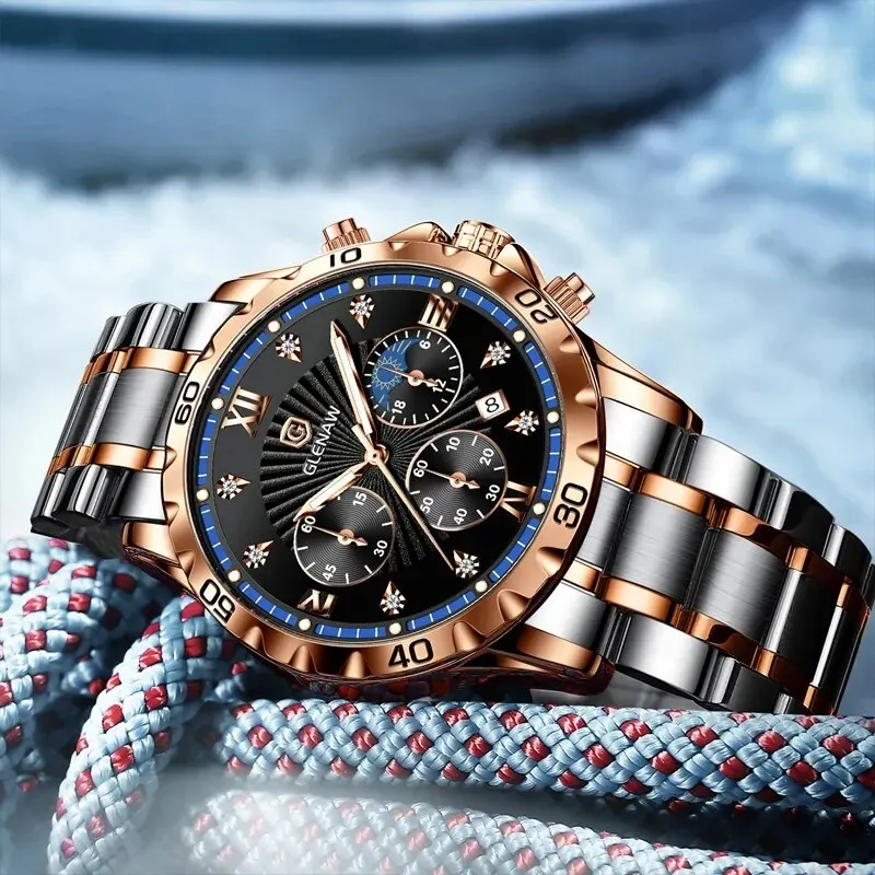 GLENAW 2023 New Men Automatic Quartz Watch For Men Top Brand Military Sport Chronograph Stainless Steel Waterproof Clock Relogio