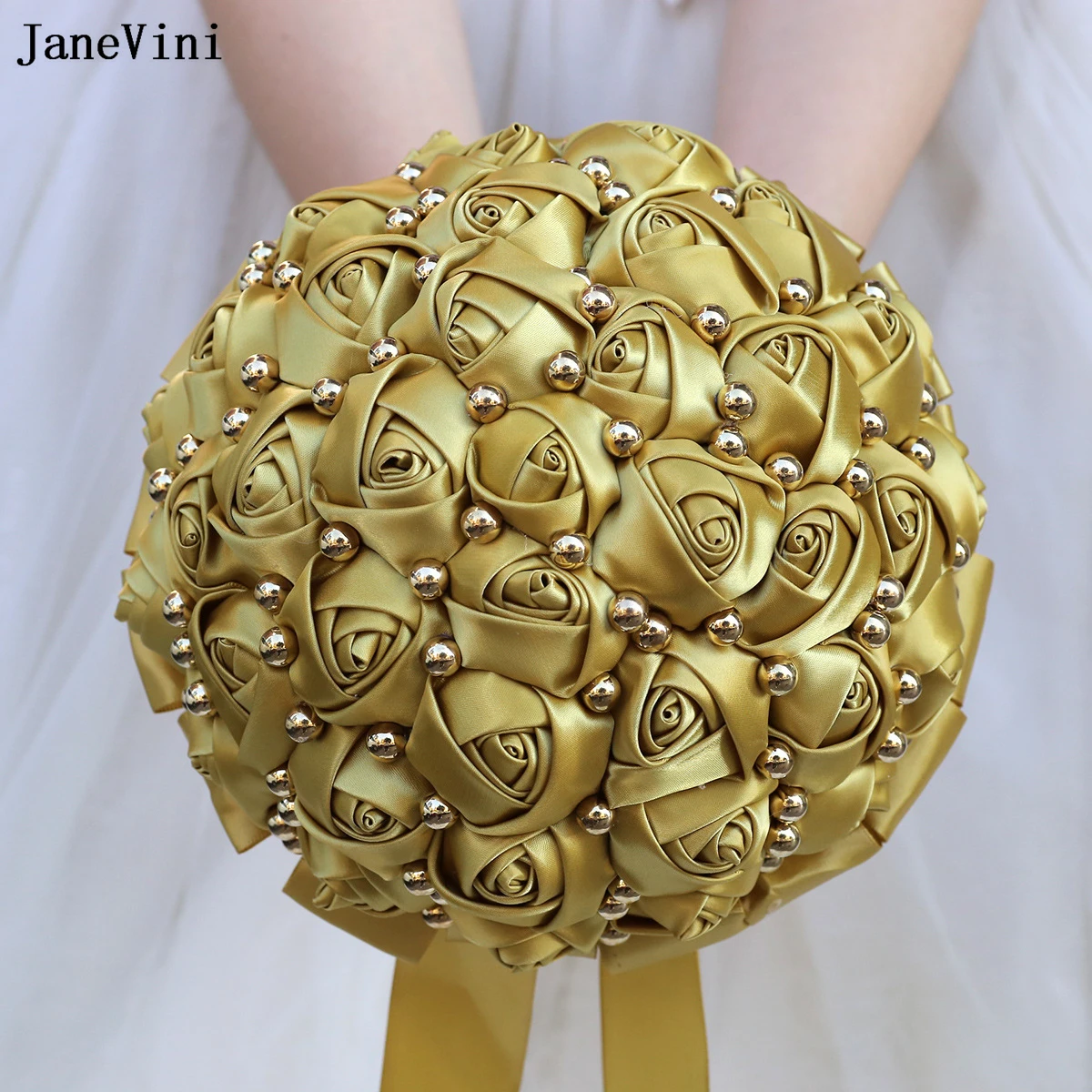 JaneVini 2024 European Light Gold Ribbon Flowers Bridal Bouquets with Pearls Artificial Satin Roses Bridesmaids Wedding Bouquet