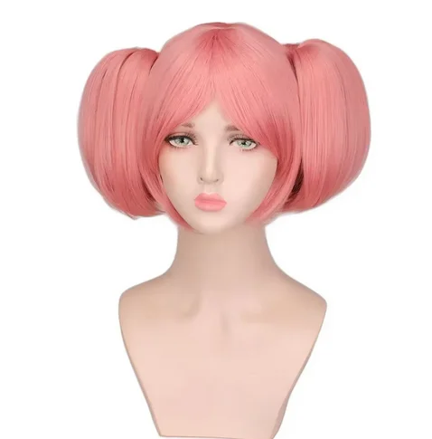 Anime Puella Magi Madoka Cosplay Wigs Magica Madoka Kaname Pink Synthetic Short Ponytails Heat Resistant Wigs