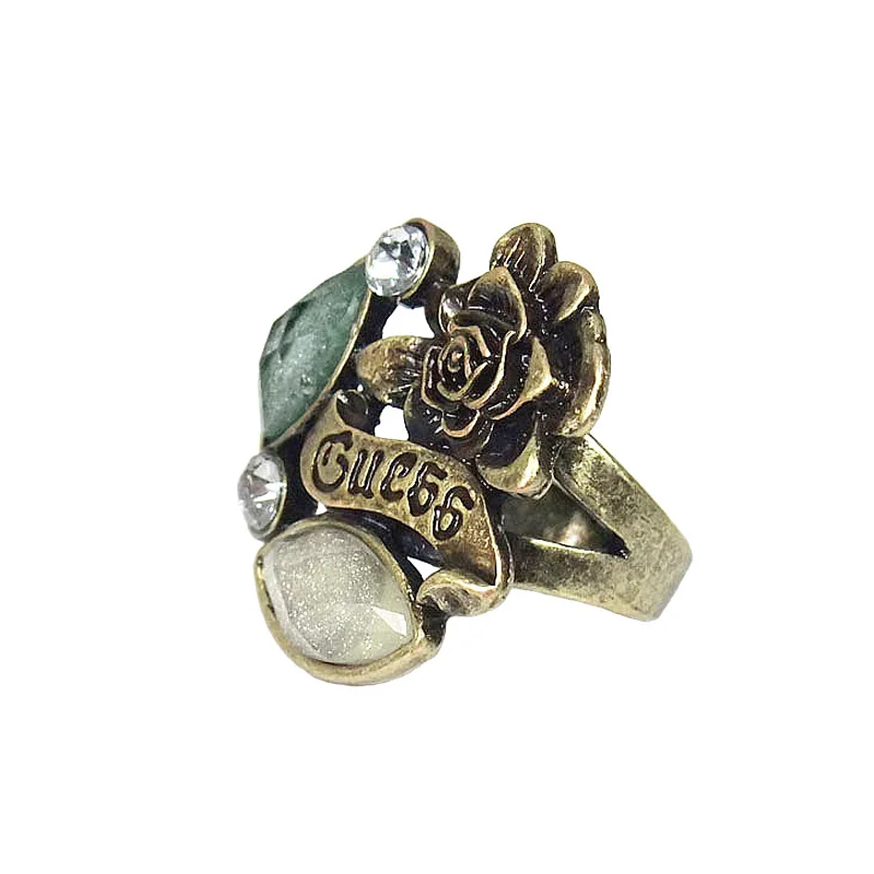 Flower Rose Letter Dazzling Faux Gem Crystal Ring Size 6 Womens Fashion Antique Brass Alloy Metal Finger Rings Vintage Jewelry