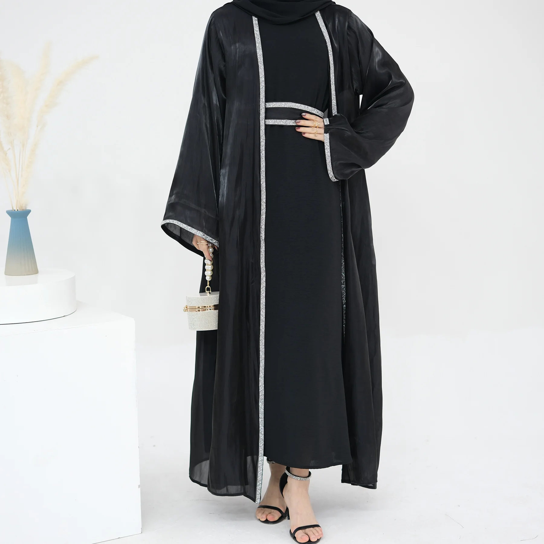 New Dubai Morocco Party Dress Women Muslim Abaya Diamond Ramadan Chiffon Kaftan Robe Turkey Gown 2PCS Set Jalabiya Gown Vestidos