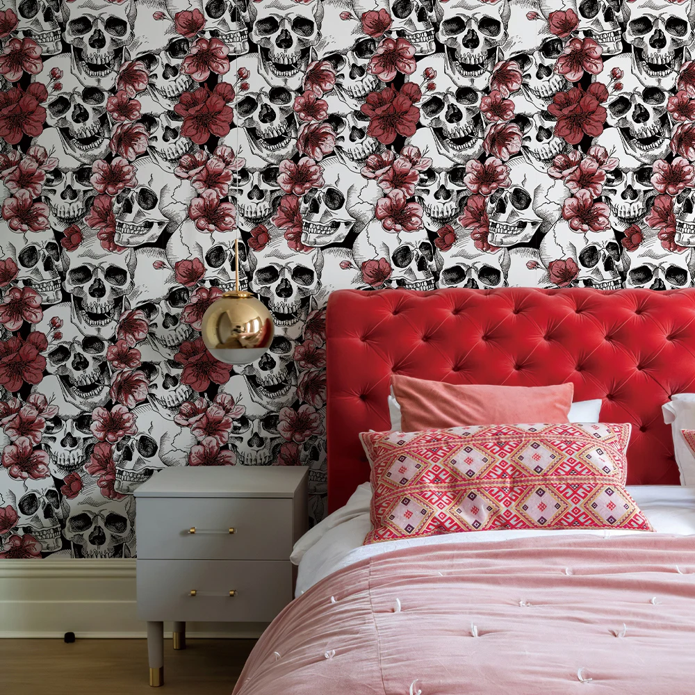 Papel tapiz impermeable de PVC europeo, decoración del hogar, Peal y Palo, flor roja, autoadhesivo, papel tapiz duradero de calavera para Club