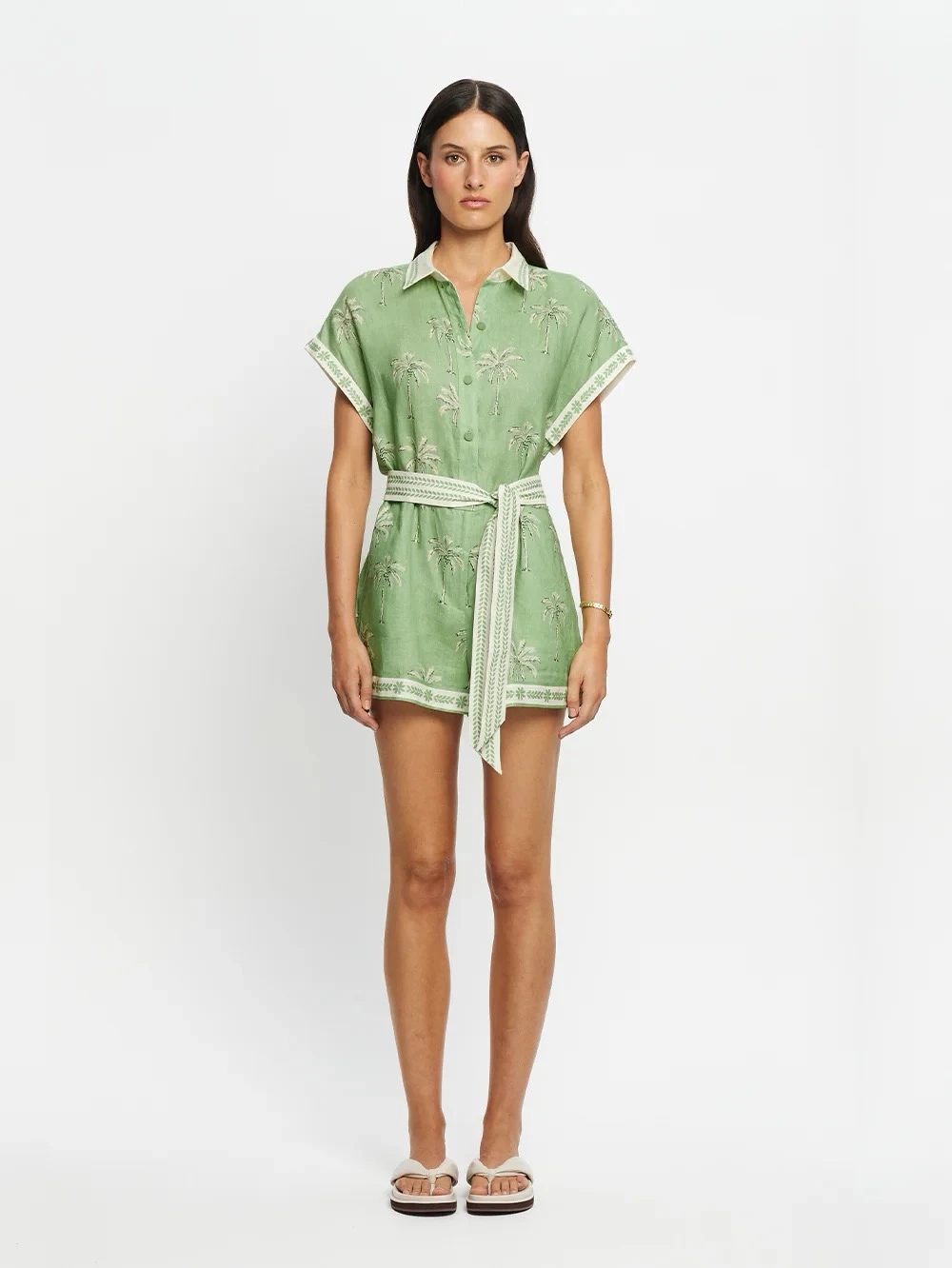 

Green Coconut Tree Print Linen Romper with Waist Cinching Tie Short Sleeve 2026 New Summer Collection Women's Jumpsuit