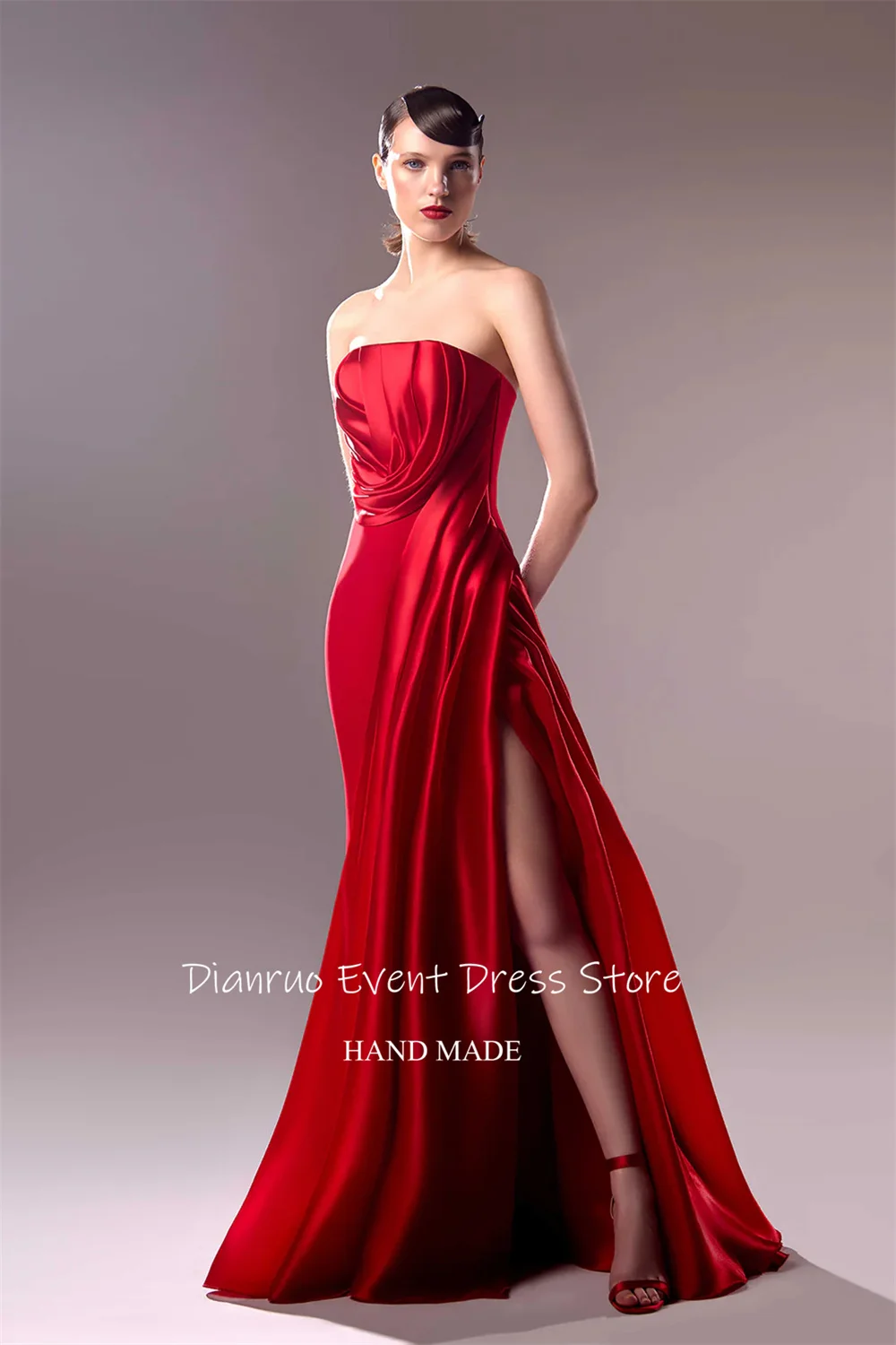 Dianruo Gaun Malam Merah Celah Tinggi Gaun Tamu Putri Duyung Satin Tanpa Tali Jubah Panjang Selantai Punggung Terbuka De Koktail Disesuaikan