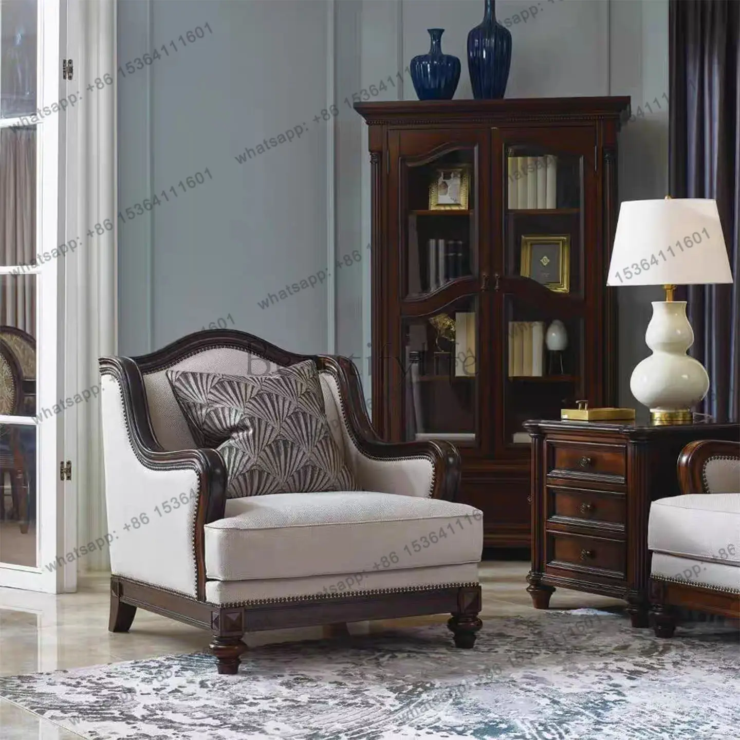 American retro solid wood sofa living room knight hump three fabric sofa combination