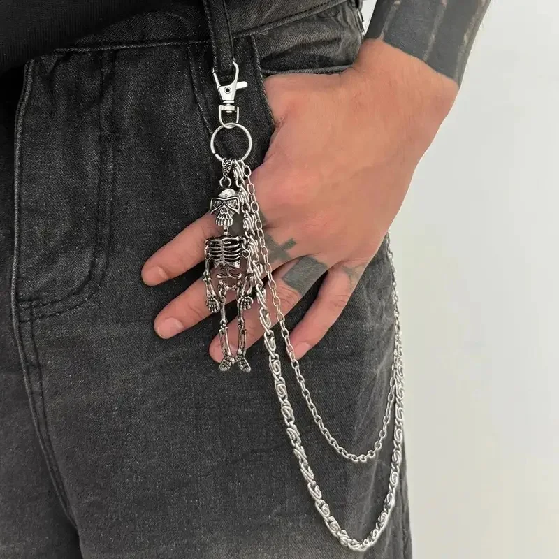 Punk Hip Hop Silver Color Skeleton Pendant Keychain Creative Gothic Jeans Pants Chain New Jewelry Drop Shipping