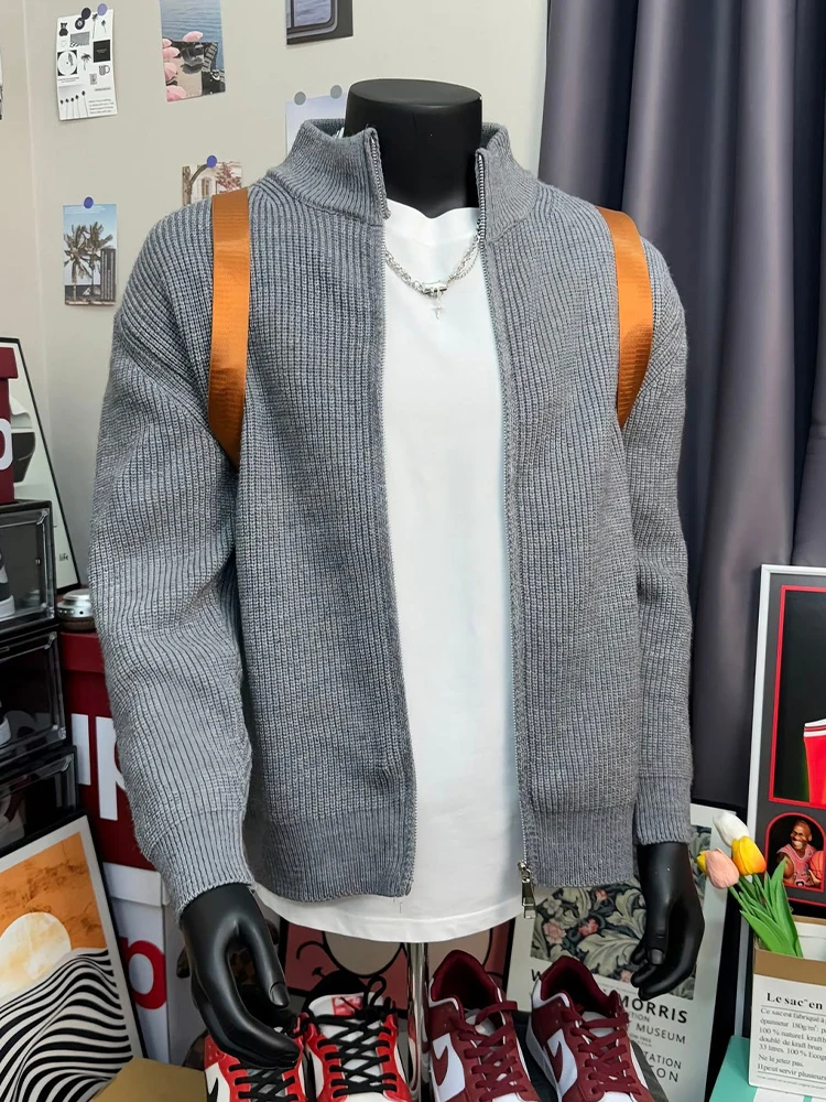 

Cleanfit ey Вязаный свободный мужской свитер на молнии с высоким воротником Открытый кардиган Повседневная верхняя одежда с воротником в американском стиле