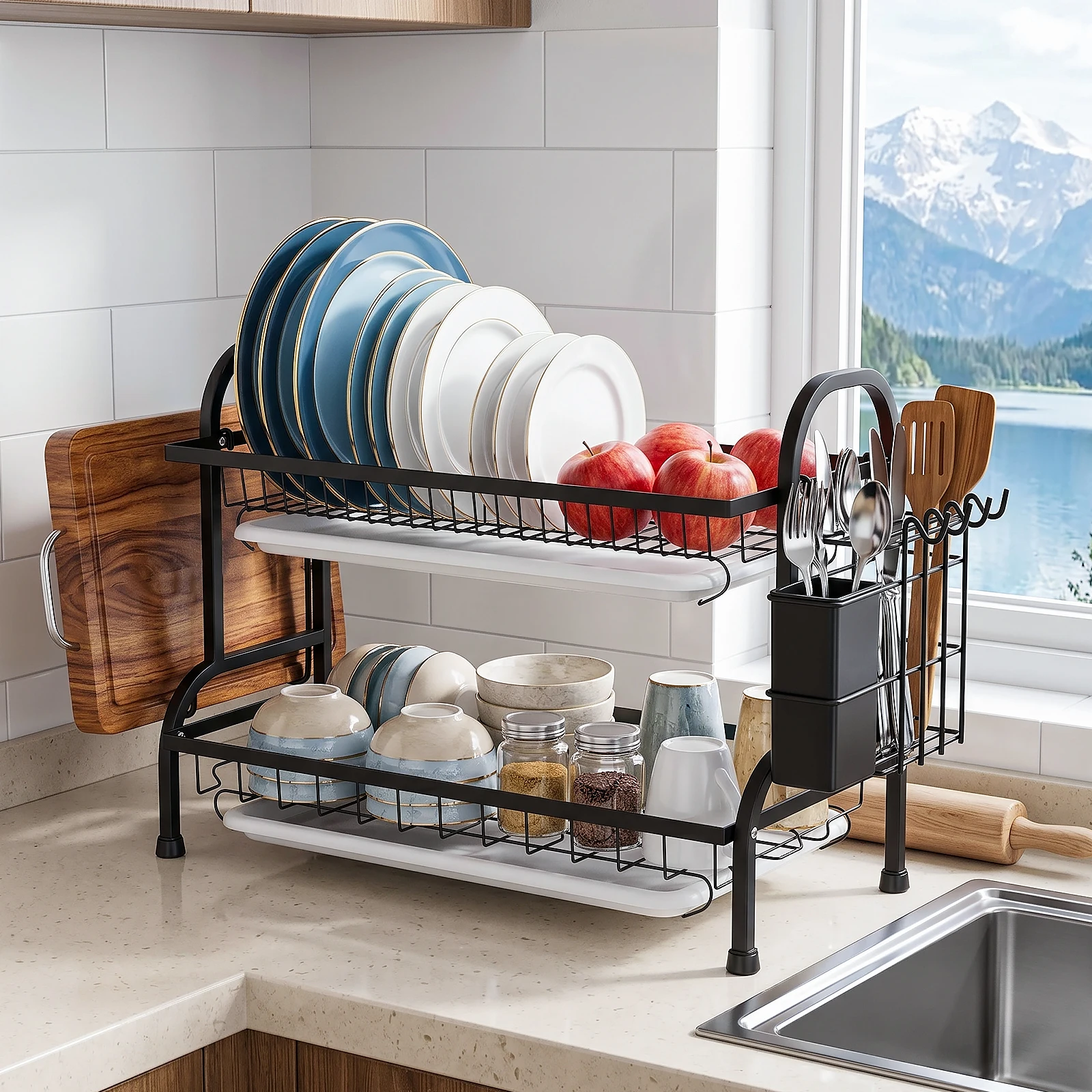 Scolapiatti a 2 livelli in ferro antiruggine per il piano di lavoro della cucina, con vassoio di drenaggio rimovibile, 42 cm / 53 cm, organizer salvaspazio per stoviglie