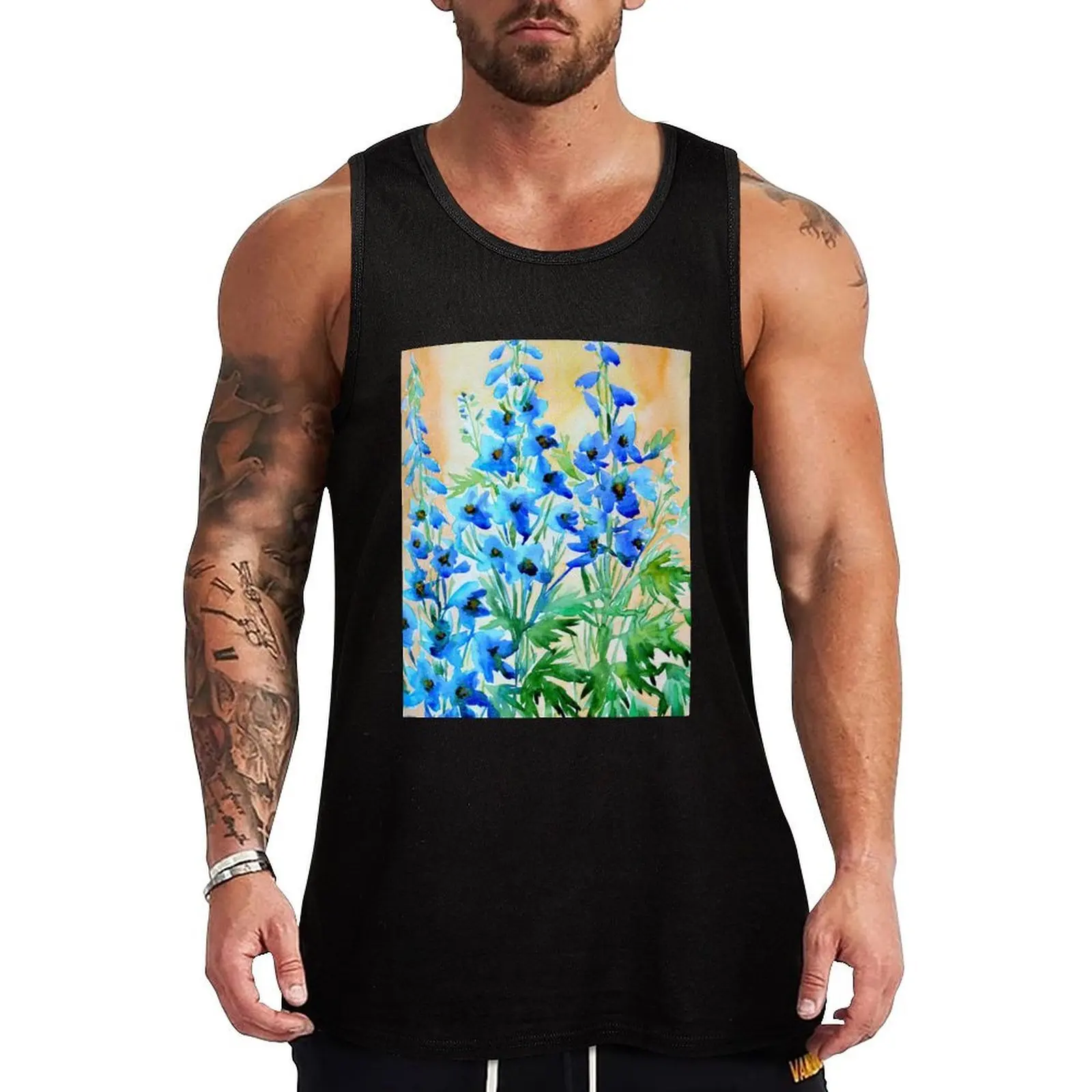 

Delphinium Flowers Watercolor Painting Tank Top Simple Basic Tank Top Regular Fit Sleeveless Shirt