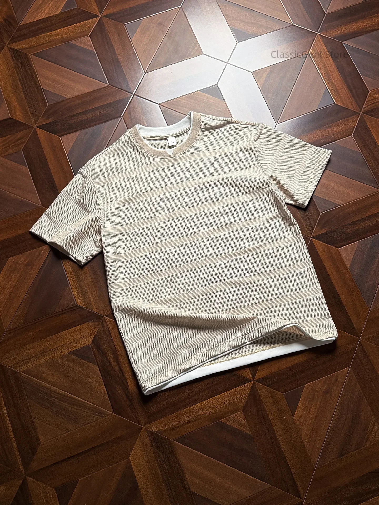 Yarn-dyed striped fake two-piece dark-patterned texture 8.5OZ loose short-sleeved T-shirt, soft waxy and breathable