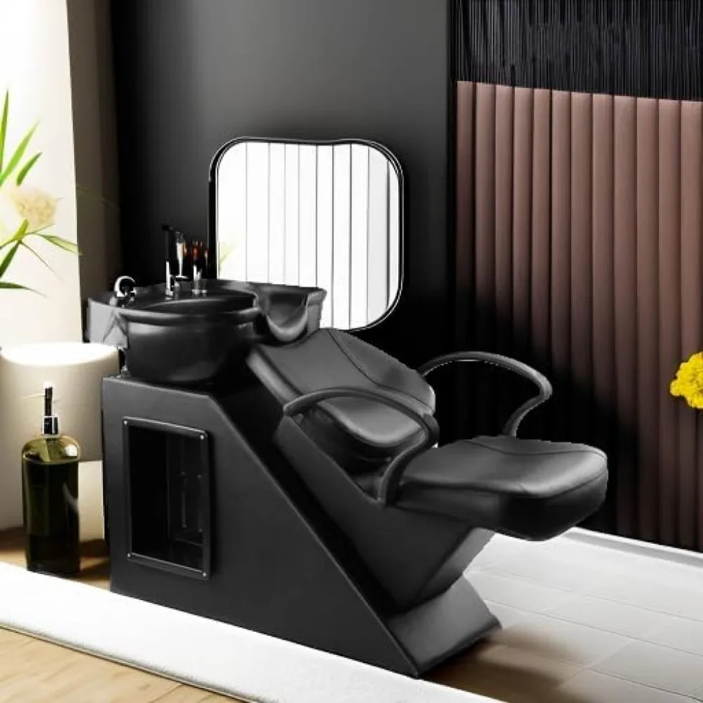 Sampo pemangkas rambut kursi cuci belakang, ABS sampo plastik mangkuk kursi wastafel untuk Spa Salon kecantikan (hitam)