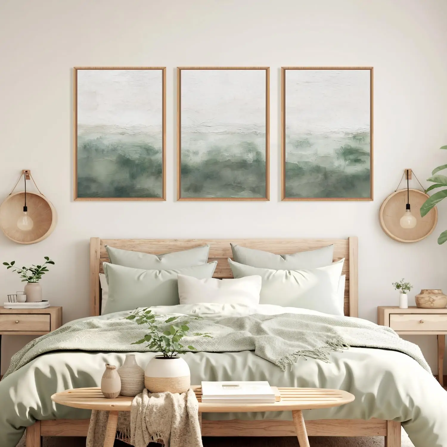 3pcs Sage Green Abstract Landscape Canvas Wall Art Minimalist Watercolor Misty Scenery Home Wall Decor