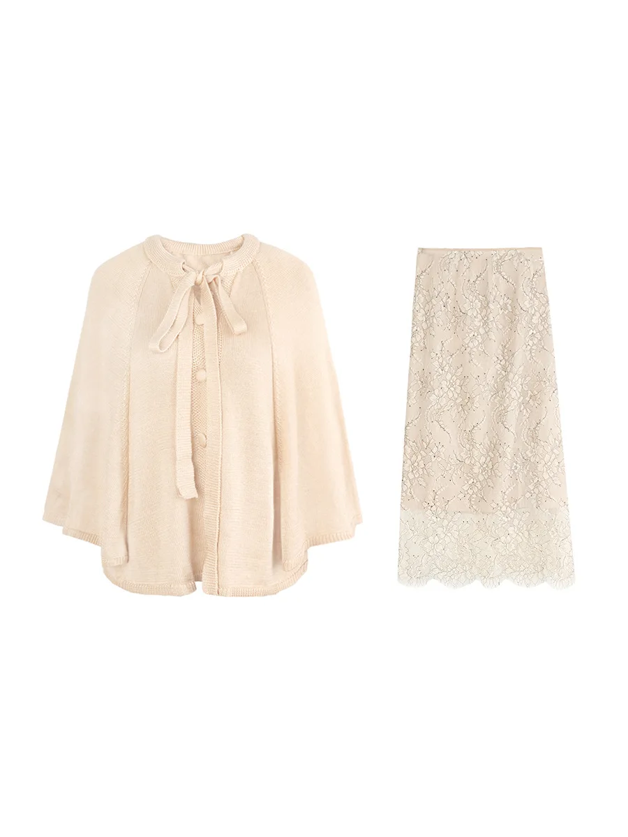 

Two-Color Knitted Cape Cardigan Lace f Skirt Petal Knitted f Skirt Cus-Dyed Faion Ensemble for Women