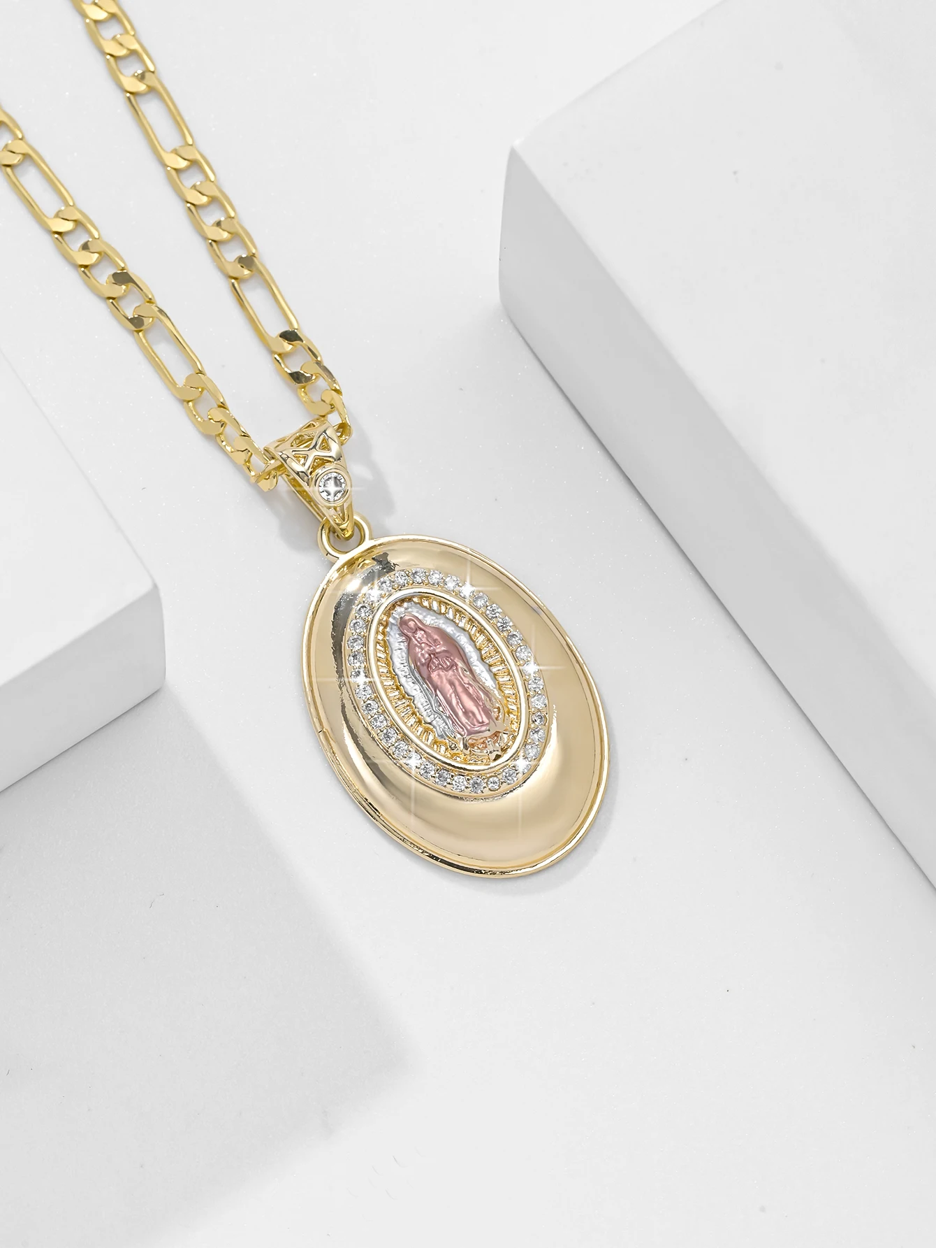 14K Gold-Plated Guadalupe Necklace Box Pendant Religious Zircon Copper Catholic Miracle Medal Virgin Mary Chain Jewelry