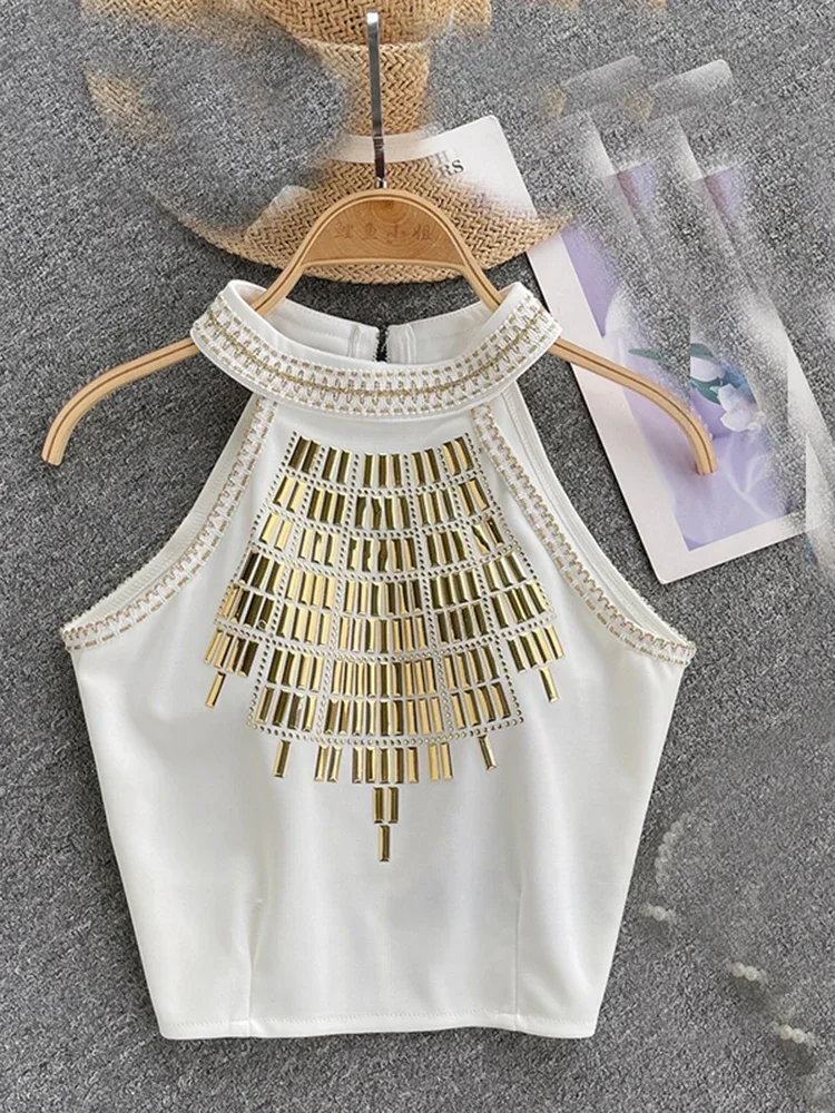 New Sexy Hanging Neck Strap Tank Top for Women Hot Stamped Slim Fit Short Open Navel Top for Women A9