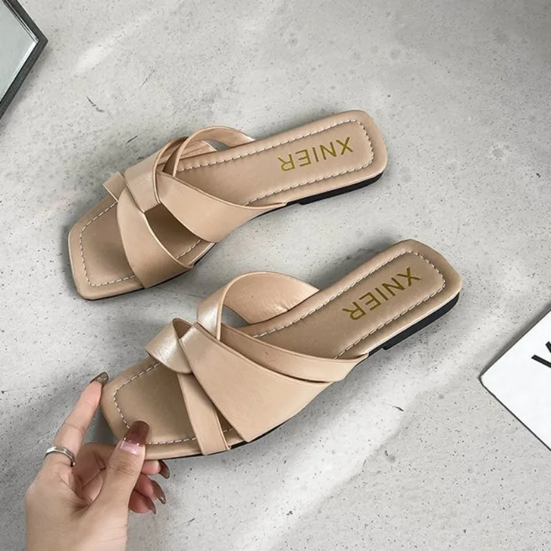 Women Slippers Summer New Sexy Square Toe Fashion Cross Strap Beach Women Outdoor Soft and Comfortable White Casual Slippers