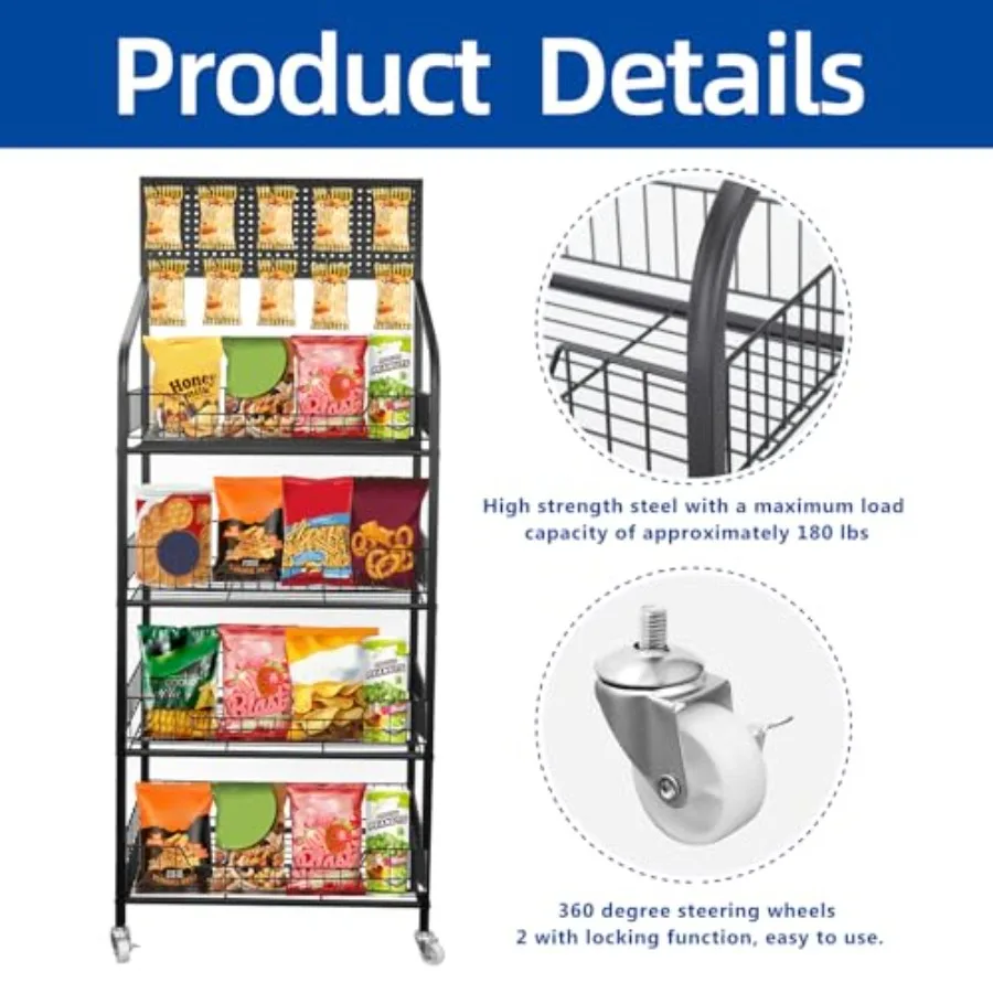 4 Tier Retail Snack Display RackBlack Metal Retail Candy Display Rack with Wheels and 10 Hooks for Convenience Stores Supermark