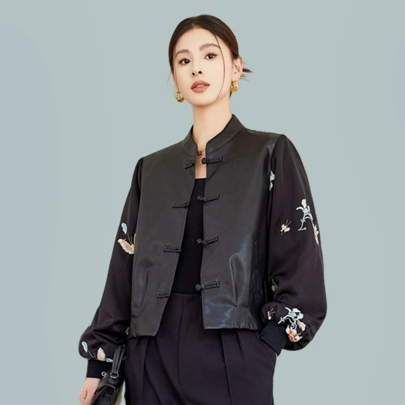 Chinese Splicing Leather Jacket Women's Short Leather Retro National Style Stand-up Collar Jacquard Button Leather Jacket Women